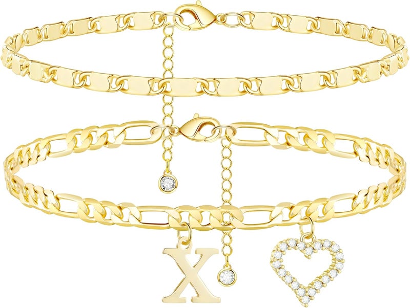 Wremily Initial Ankle Bracelets for Women Waterproof 14K Gold Plated Dainty Layered Figaro Chain Letter Initial CZ Heart Ankle Bracelets Set Summer Beach Jewelry for Women - Image 1